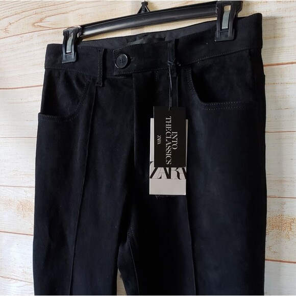 Zara Lambskin Suede Bootcut High-Waist Stretch Pants Limited Edition Medium Blac - Picture 4 of 12